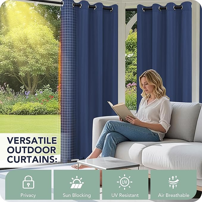 Outdoor Curtains for Patio Waterproof 6 Panels - Windproof, Privacy, Weatherproof Outside Drapes for Gazebo Pergola Porch, Grommet Top and Tab Bottom, 54x84 Inch, Navy