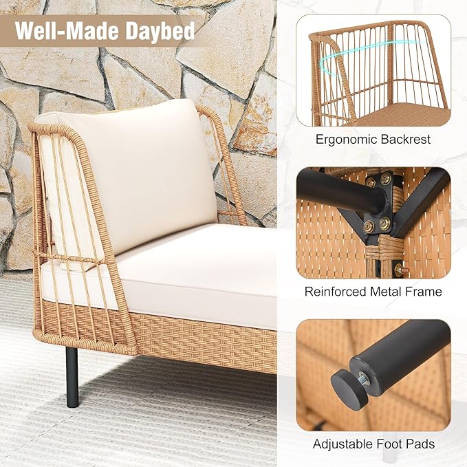 Tangkula Patio Rattan Daybed Set of 2, Boho Outdoor Wicker Lounge Sofa with Seat & Back Cushions, 2-Seat Bench Sun Lounger Chair with Robust Metal Legs for Deck, Backyard, Porch, Poolside (Off White)