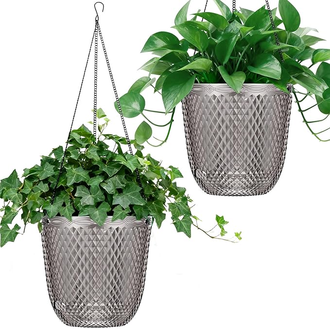 QCQHDU Self Watering Hanging Pots, 2 Pack 5.7 Inch Hanging Planters for Plants Indoor, Outdoor Flower Pots with Drainage Holes and 3 Hooks Chains for Garden Home (Gray)