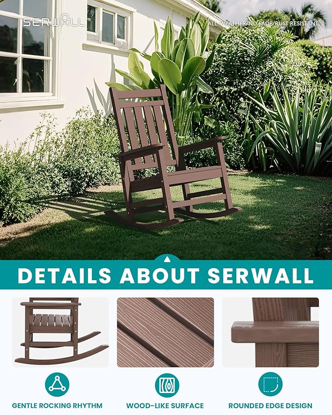 SERWALL Oversized Outdoor Rocking Chair Set of 2, HDPE Rocker for Adults, Patio Rocking Chairs for Porch, Brown