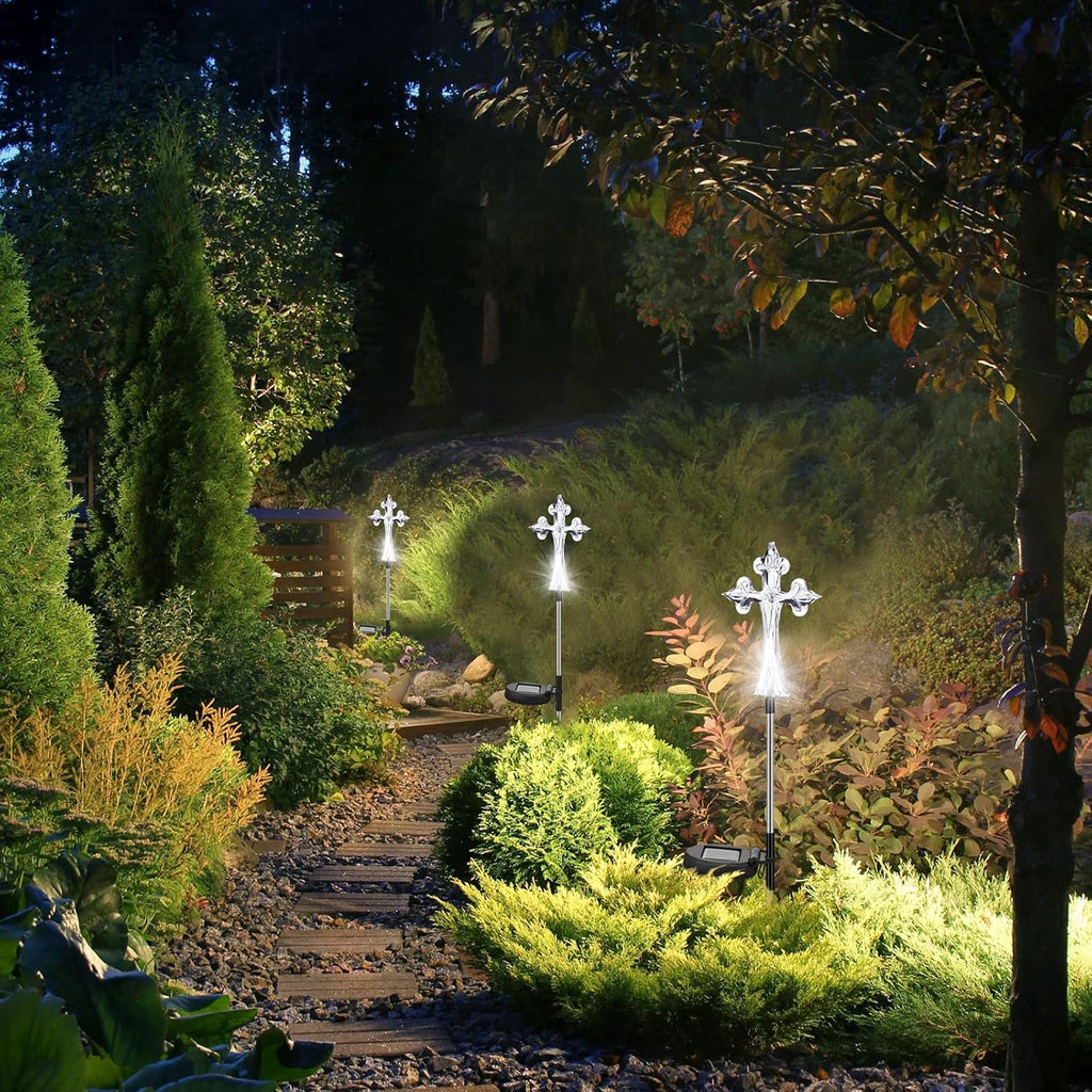 Riakrum 4 Piece Solar Cross for Cemetery Grave Grave Crosses for Cemetery Memorial Stake Solar Lights Waterproof Outdoor Garden Stake Cemetery Cross for Grave Yard Decorations, 16 Inches Long