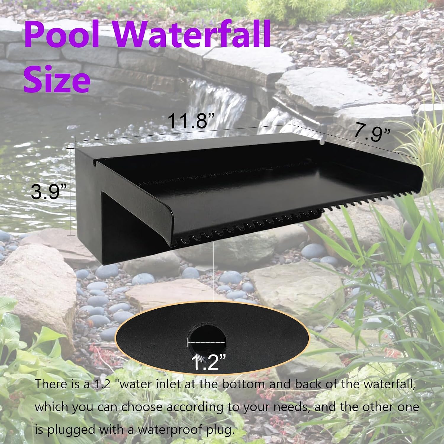 Pamopamo Pond Waterfall Spillway Pool Fountain Water Feature, Black Stainless Steel Outdoor Fountains, Swimming Pool Water Flow Waterfalls Kit for Garden Patio Ponds-11.8"x7.8"x3.9"(NO Light)