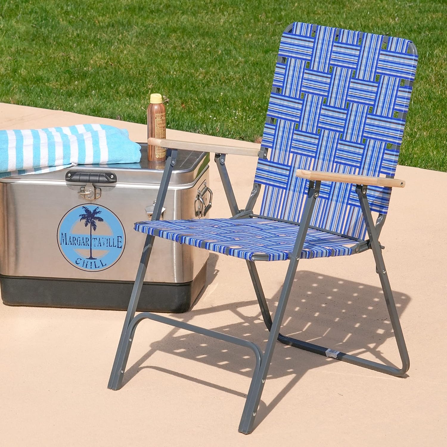 Garden Elements Folding Patio & Lawn Chairs – Steel Frame with Blue Woven Fabric and Wooden Armrests, Comfortable Full-Size Outdoor Chairs for Backyard, Camping, or Events (Pack of 2)