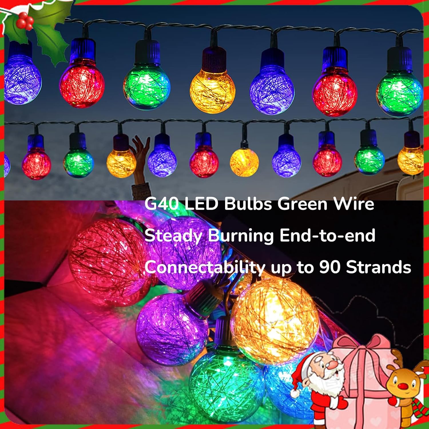 Waterproof Christmas G40 Globe String Lights 18FT 25 LED Plug in - Outdoor Colorful Patio Balcony Garden Hanging Decorations, Grinch Christmas Tree Lights for Porch, Camping & Party Use