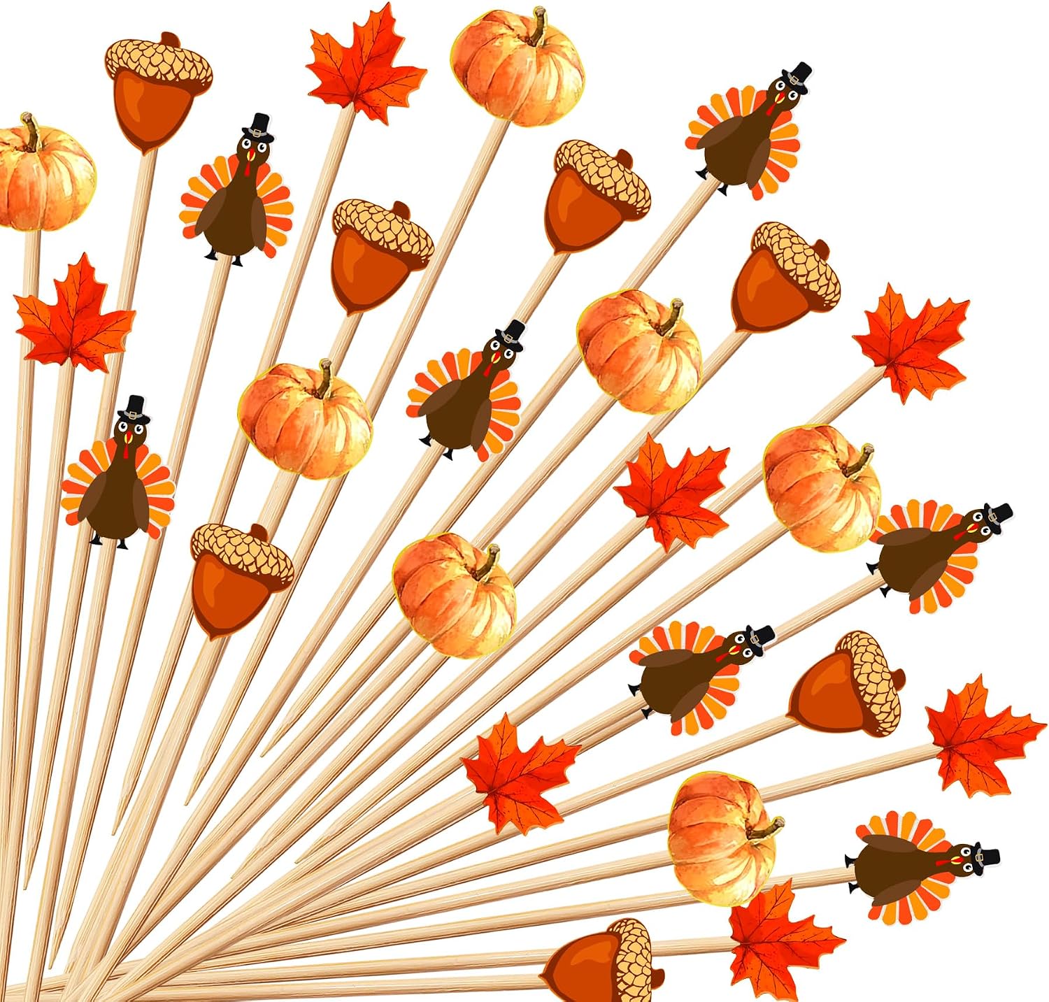 100pcs Fall Thanksgiving Cocktail Picks Pumpkins Maple Leaves Decorative Toothpicks for Appetizers Autumn 4.7 IN Bamboo Skewers Sticks for Fall Decorations Party Supplies(Turkey)