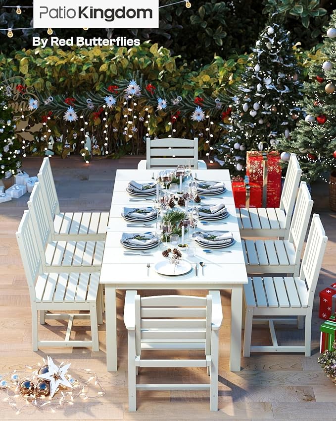 7-Piece White Outdoor Dining Set with Beige 11FT Large Patio Umbrella, 75.2'' HDPE Table & Chairs for 6, Weather-Resistant Furniture with Umbrella Hole for Patio, Lawn, Poolside
