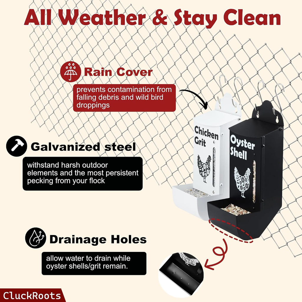 CluckRoots Chicken Grit and Oyster Shell Feeder Combo, No-Spill Metal | Lift-Off Heavy-Duty Dispenser w/ Rain Lid View Window, Small Flocks Capacity, Chicken Coop Accessories Gifts for Lovers