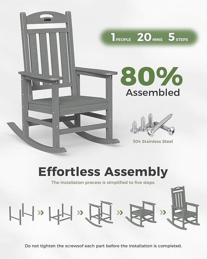 Oversized Rocking Chair Outdoor, High Back Porch Rocker Chair, HDPE All Weather Resistant Rocking Chairs for Patio, 380lbs Weight Capacity, Grey
