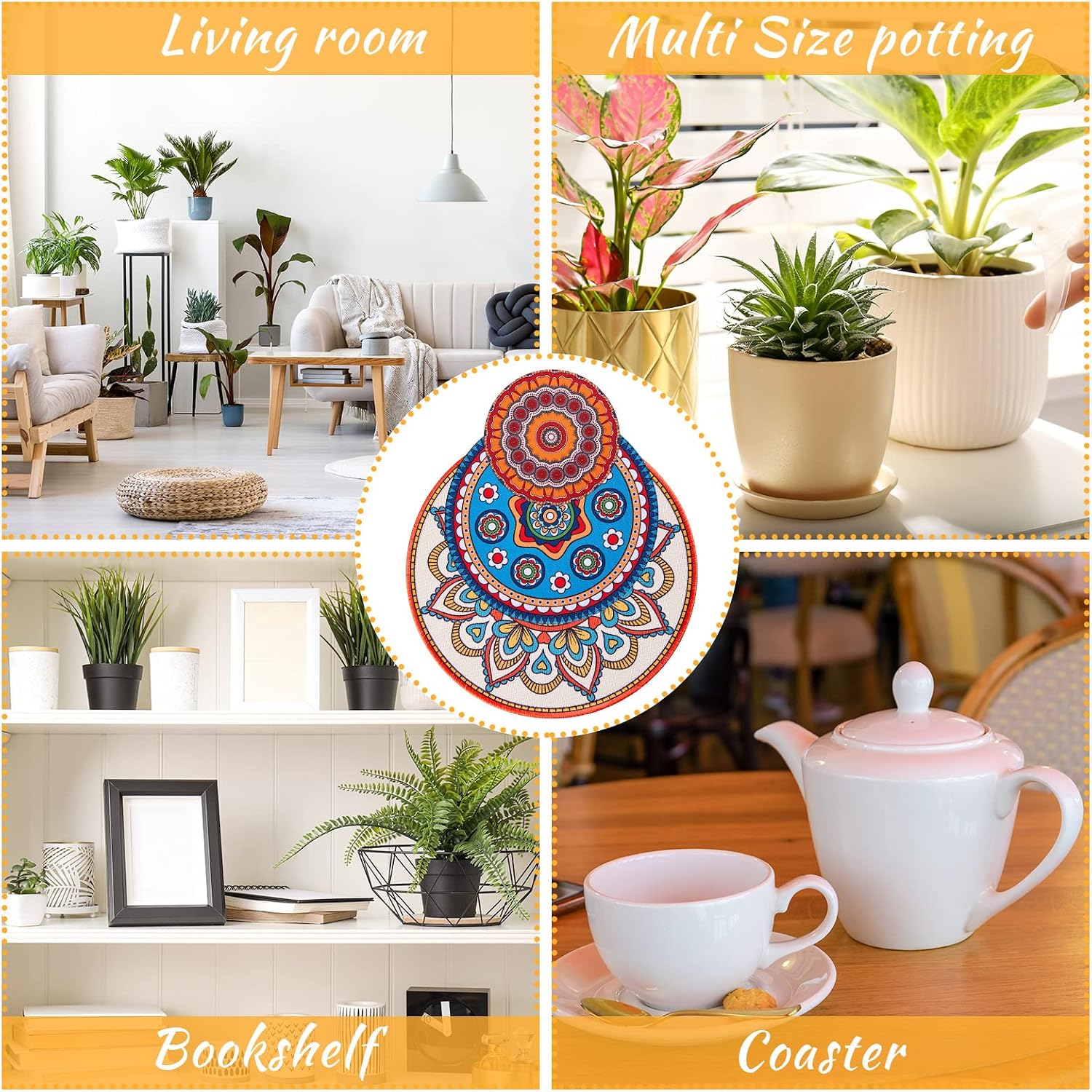 Nuanchu 6 Pcs Boho Plant Coasters 3 Size 3.94" 5.9" 7.87" Rubber Absorbent Non Slip Pot Mats Indoor Round Plant Decorative Pads Gardening Outdoor Patio Mandala Flower Protect Mat for Table Desk Floor