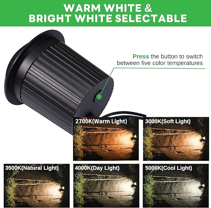 In Ground Landscape Lighting Low Voltage - 2700K-5000K 5 Color Selectable LED IP67 Well Lights, Turret Top 12V Outdoor in-Grade Light, ORB Aluminum for Driveway Garden Lawn 3W 170LM 4 Pack