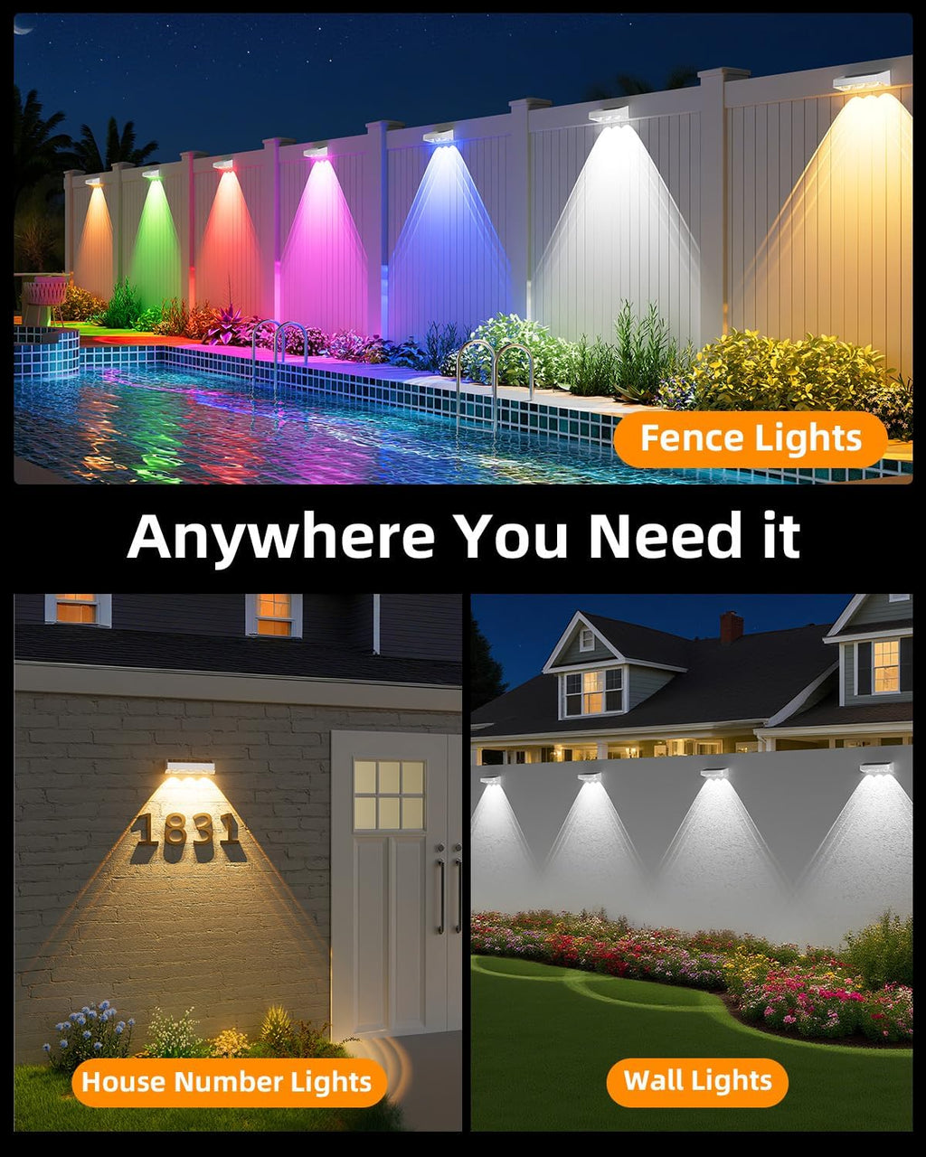 JOFIOS Solar Fence Lights Outdoor, 9 Fixed Colors ＆ Color Changing Fence Lights Solar Powered Waterproof IP65 Dusk-to-Dawn LED Deck Lighting for Patio, Railing, Pool, Porch, Backyard, Wall, 12 Pack