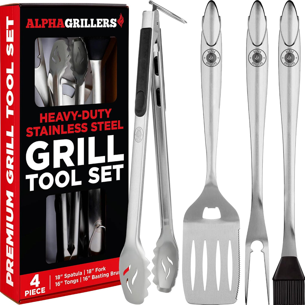 Alpha Grillers Grill Tools Set, BBQ & Grilling Accessories Outdoor Utensils | Heavy-Duty Stainless Steel Spatula, Fork, Brush & Tongs, Great BBQ Gift for Men