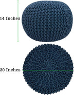 COTTON CRAFT - Hand Knitted Cable Style Dori Pouf - Blue - Floor Ottoman - Cotton Braid Cord - Handmade & Hand Stitched - Truly one of a Kind Seating - 20 Dia x 14 High