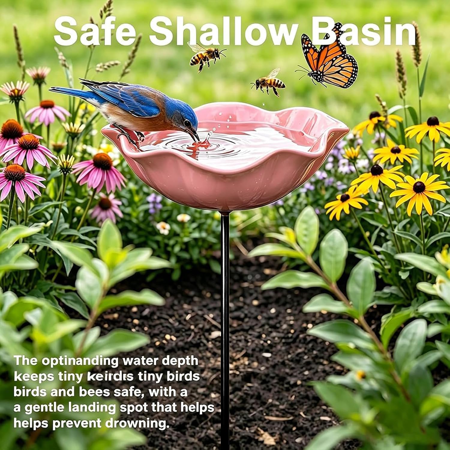Handmade Metal Flower Garden Stake Bird Bath Bowl Butterfly Feeders,Hummingbird Bath Bee Watering Station for Garden Yard Decorative Garden Stakes (Pink-4pcs)