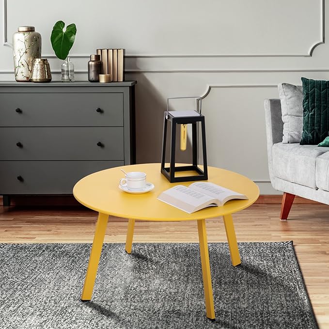 Patio Coffee Table - 28inch Metal Steel Outdoor Round Table Weather Resistant Anti-Rust Outdoor Table (Yellow)