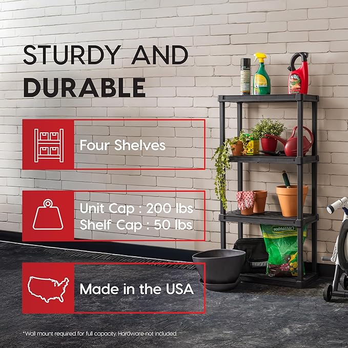 IRIS USA 4-Shelf Light Duty Plastic Storage Shelves, 200lb Capacity, 48" H x 24" W x 12" D, Medium Modular Shelving Unit Storage Organizer for Bathroom, Laundry, Garage & Home, Storage Rack - Black