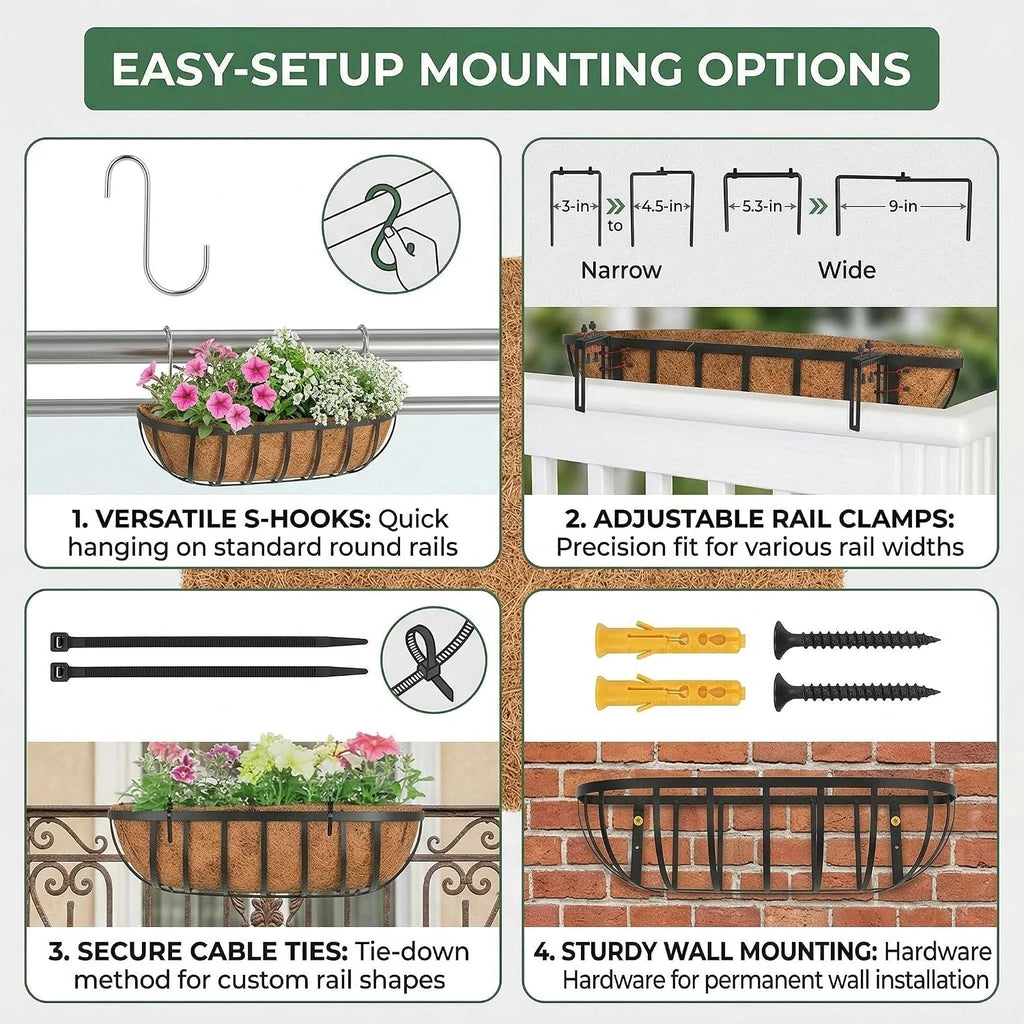 16" railing planter window box with coco fiber on a desk or shelf
