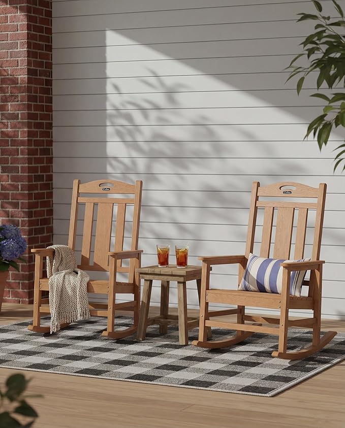 Ciokea Oversized Outdoor Rocking Chairs Set of 3, 380lbs Heavy-Duty Large Patio Rocker, High Back Cozy Porch Chairs, Weather Resistant Patio Rocking Chairs for Outside, Fire Pit, Deck, Teak
