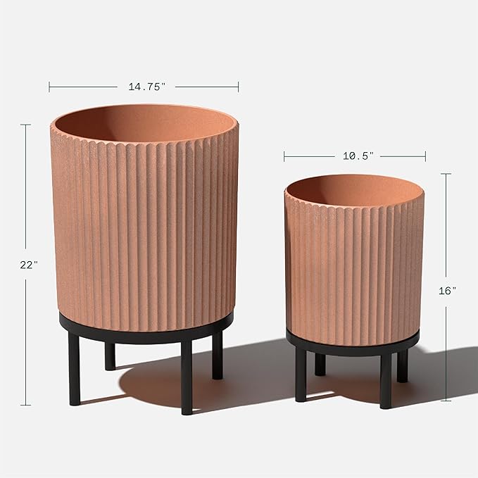 Veradek Demi Series Round Planter w/Stand for Porch/Patio | Durable Plastic-Stone Composite & Wooden Stand | Modern Décor for Tall Plants, Flowers