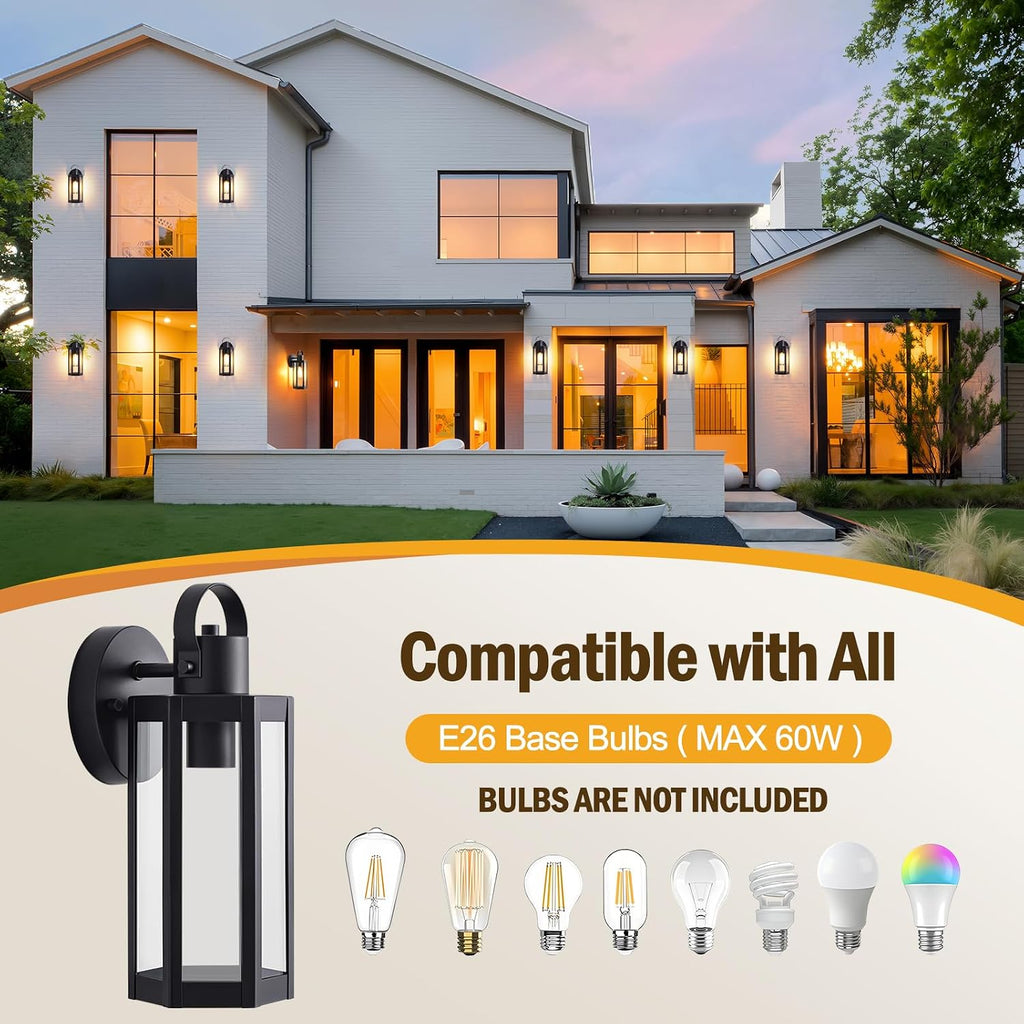 EJIAXIN 2 Pack Exterior Lighting Fixtures, 13" Black Outdoor Wall Light | Clear Glass Shades, Waterproof Metal Construction,Rust-resistant, Easy Installation,Standard E26 Socket, for Patio Garage