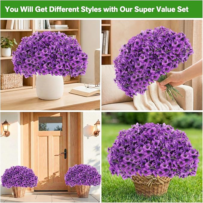 60 Pack Artificial Flowers for Outdoor Indoor Fake Plants, Faux Silk Flowers for Outdoors Outside Front Porch Hanging Planter Window Box Garden Spring Decoration(Purple)