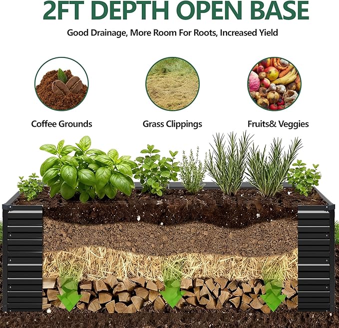Vengarus 12x4x2FT Galvanized Raised Garden Bed Kit, Large Rectangle Elevated Planter for Vegetables, Flowers, Herbs and Succulents - 718 Gallon Capacity, Black