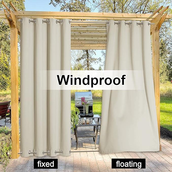 NICETOWN Outdoor Patio Curtain Windproof Double Grommets, Thermal Insulated Room Darkening Top & Bottom Grommets Drape, Waterproof and Better Privacy for Cabana, Beige, W52 x L84, 1 Piece