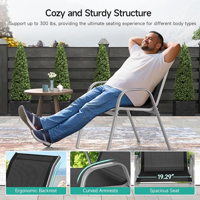 Patio Chairs Set of 4, Easily Set Up Stackable Outdoor Dining Chairs with High Back and Wide Seat, All Weather Breathable Outdoor Chairs Set of 4 with Metal Frame for Backyard Deck Pool, Black