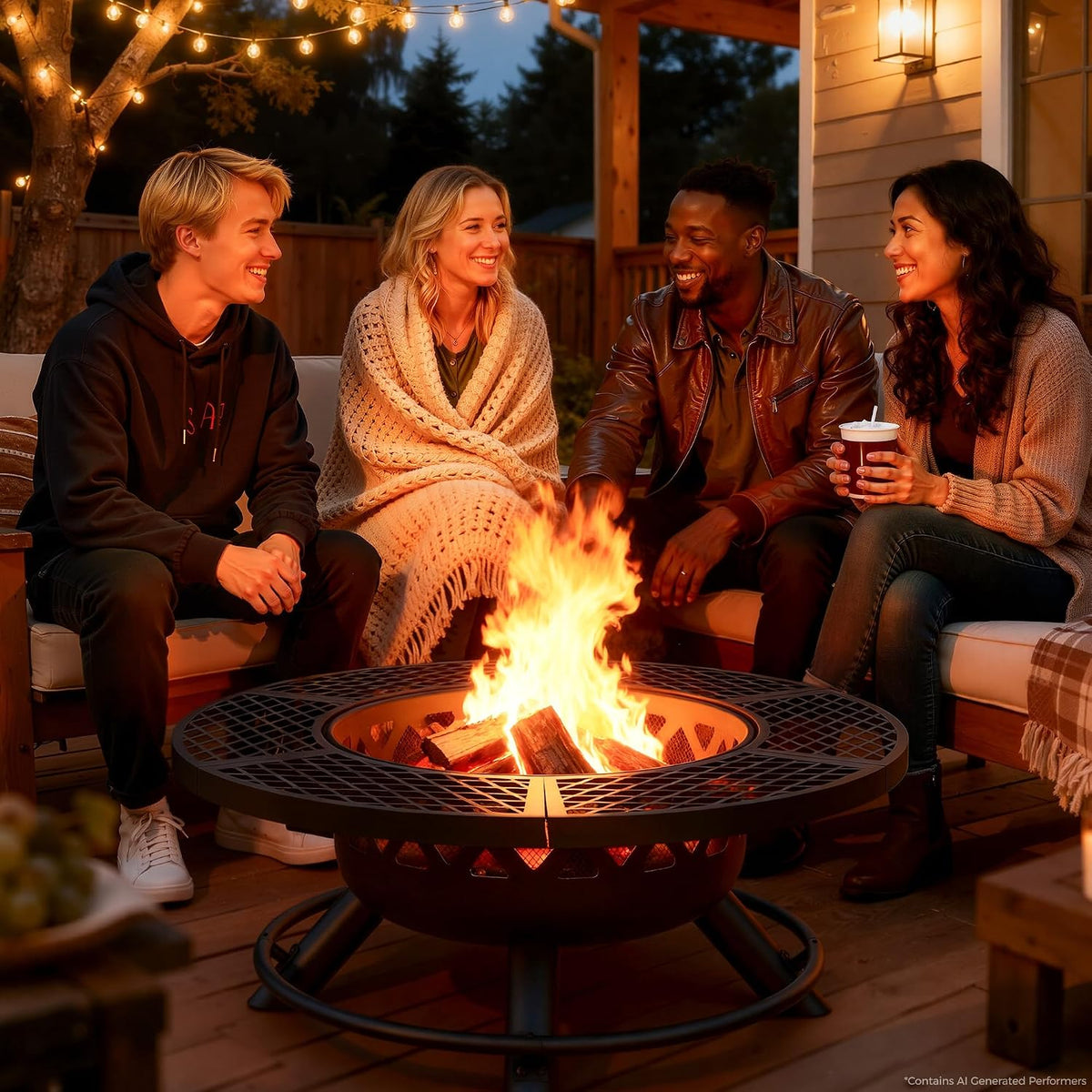 bali outdoors fire pit with poker, front angle view