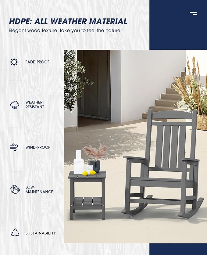 KINGYES Oversized Outdoor Rocking Chair Set of 2, HDPE Patio Rocking Chairs for Adults,Gray