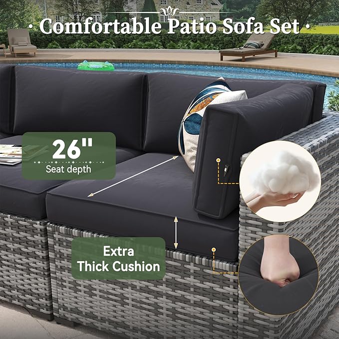 Aoxun 12 Piece Patio Furniture Set with 44” Fire Pit Table Wicker Rattan Outdoor Sectional Sofa Set with Coffee Table and Thickened Cushions, Grey/Black (Waterproof Cover Included)