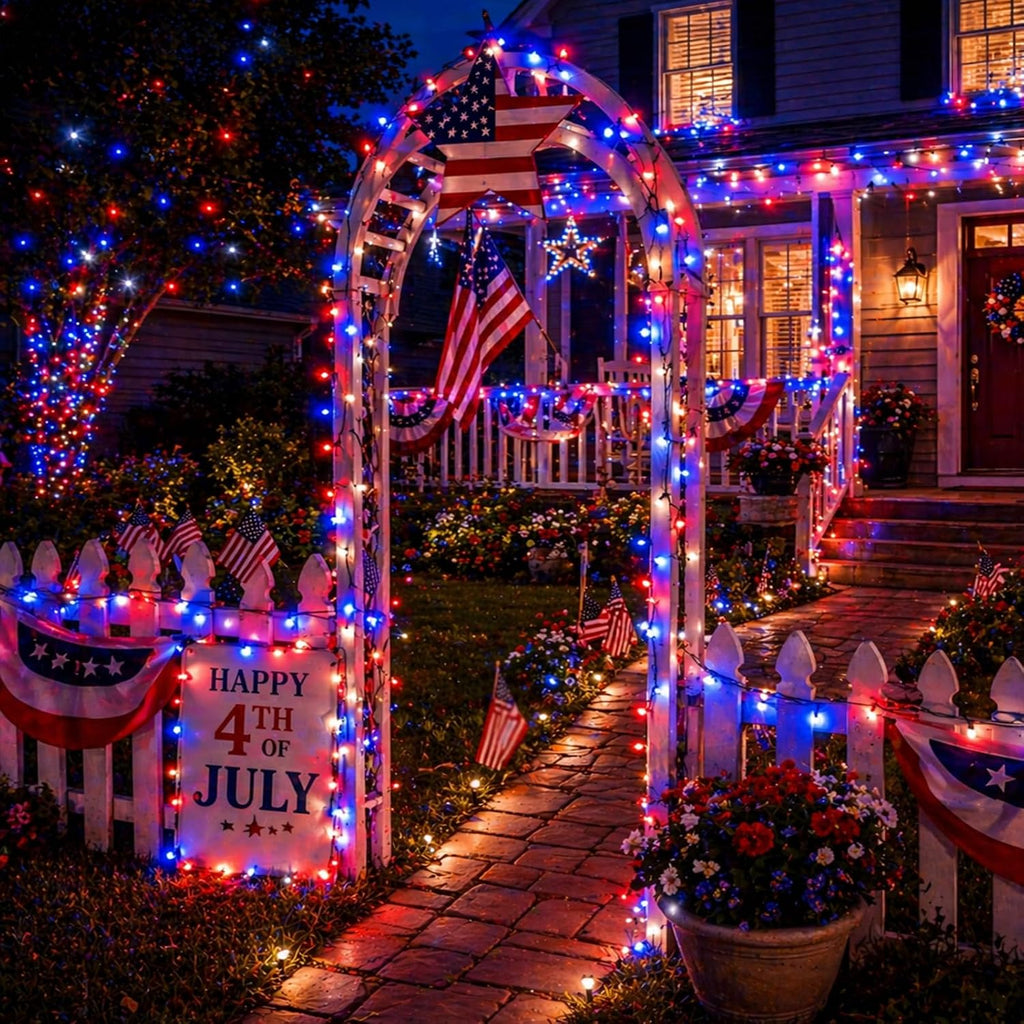 2 Pack 100 LED 38.4FT Red White and Blue Lights Battery Operated, 8 Modes with Timer, Patriotic Indoor/Outdoor Party Decor for Memorial Day & Independence Day 4th of July Decor