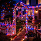2 Pack 100 LED 38.4FT Red White and Blue Lights Battery Operated, 8 Modes with Timer, Patriotic Indoor/Outdoor Party Decor for Memorial Day & Independence Day 4th of July Decor
