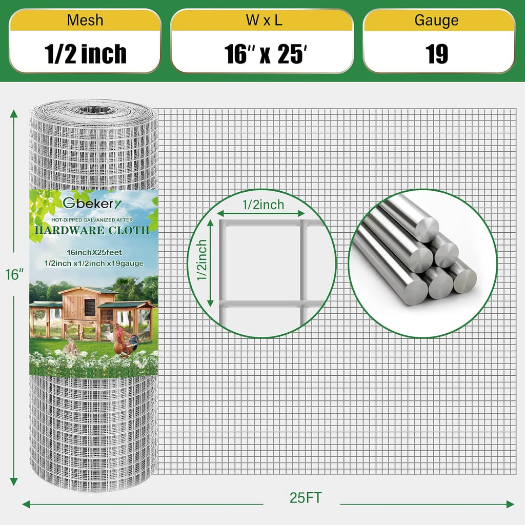 Gbekery Hardware Cloth 1/2 inch 16in x 25ft 19 Gauge, Hot-dip Galvanized After Welding Chicken Wire Mesh Roll Garden Plant Welded Metal Wire Fencing Roll, Rabbit Cages Snake Fence