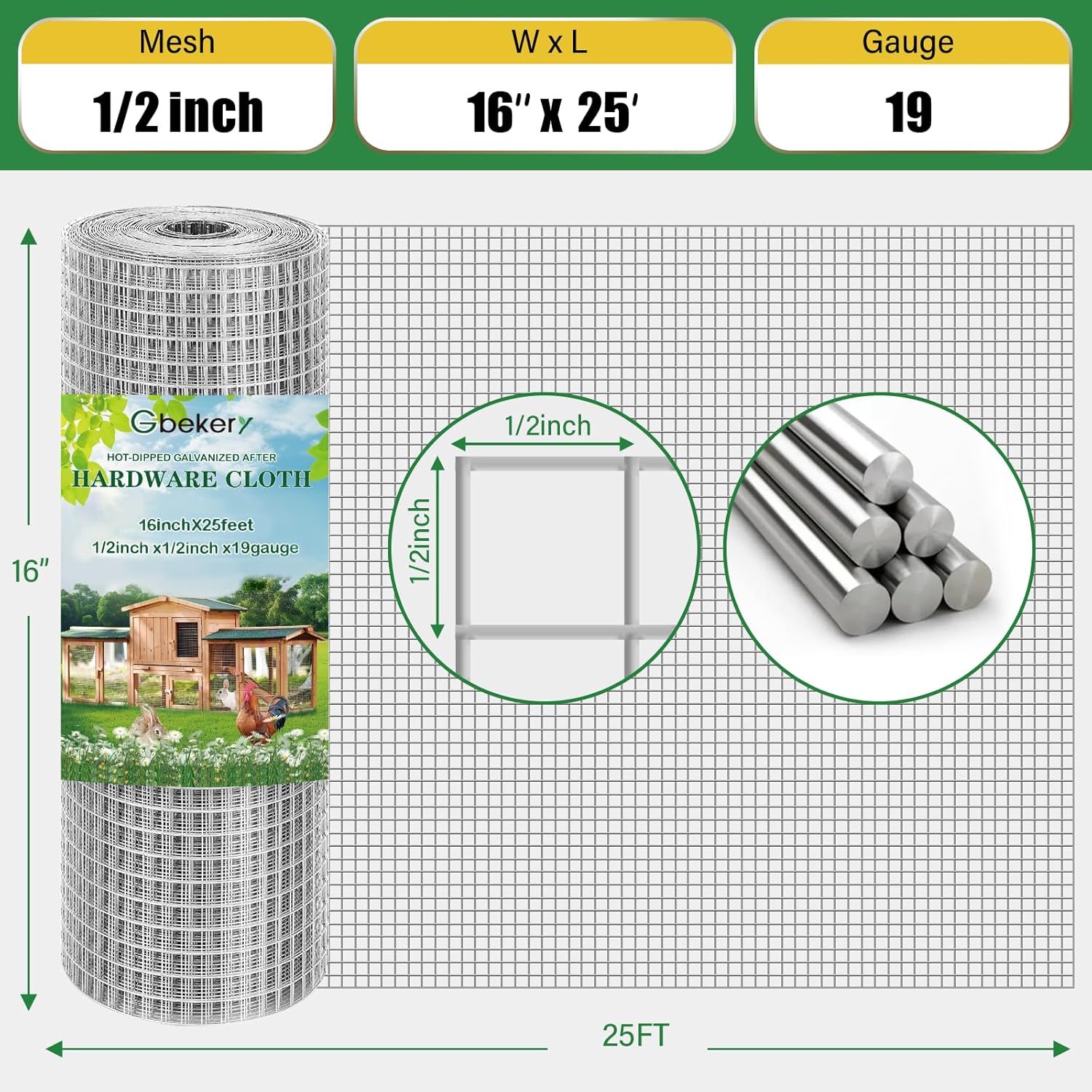 Gbekery Hardware Cloth 1/2 inch 16in x 25ft 19 Gauge, Hot-dip Galvanized After Welding Chicken Wire Mesh Roll Garden Plant Welded Metal Wire Fencing Roll, Rabbit Cages Snake Fence