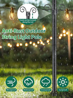 String Light Poles for Outside, 11 Feet Lights Poles with Mount Anchor, 2 PCS Outdoor Lighting Poles Hanging Backyard Garden Party Wedding Decorations, Heavy Duty Metal Stand Posts for Bistro, No Rust
