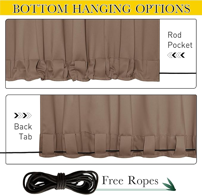 NICETOWN 2 Panels Outdoor Curtains Waterproof Pocket & Back Tab on Top & Bottom, Thermal Insulated Windproof Sun Blocking Outside Privacy Drapes for Patio with Fixed Rope, W84 x L84, Tan