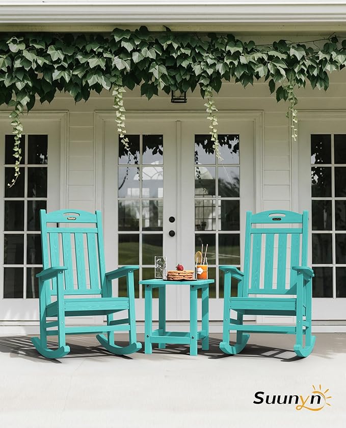 Oversized Outdoor Rocking Chair Set of 2, HDPE All-Weather Patio Rocking Chairs, High Back Outdoor Rocker for Porch, Patio, Lake Blue