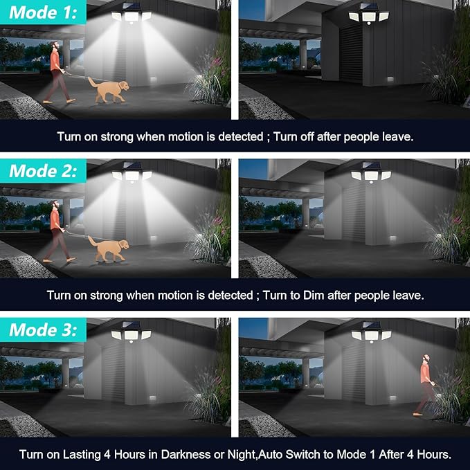 Tuffenough Solar Outdoor Lights 2500LM 210 LED Security Lights with Remote Control,3 Heads Motion Sensor Lights, IP65 Waterproof,270° Wide Angle Flood Wall Lights with 3 Modes(1 Packs)