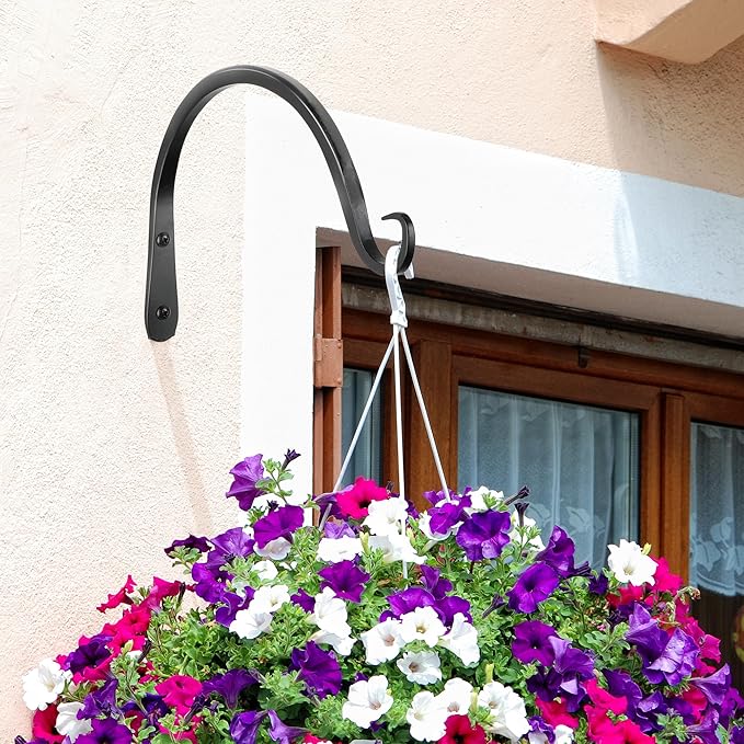 Worth Garden 6-Pack 10" Plant Hanger Bracket - Hand-Forged Wrought Iron Powder-Coated Heavy Duty Wall Hooks - Black Curved Plant Hanging Hooks for Bird Feeders, Flower Baskets, Indoor & Outdoor Use