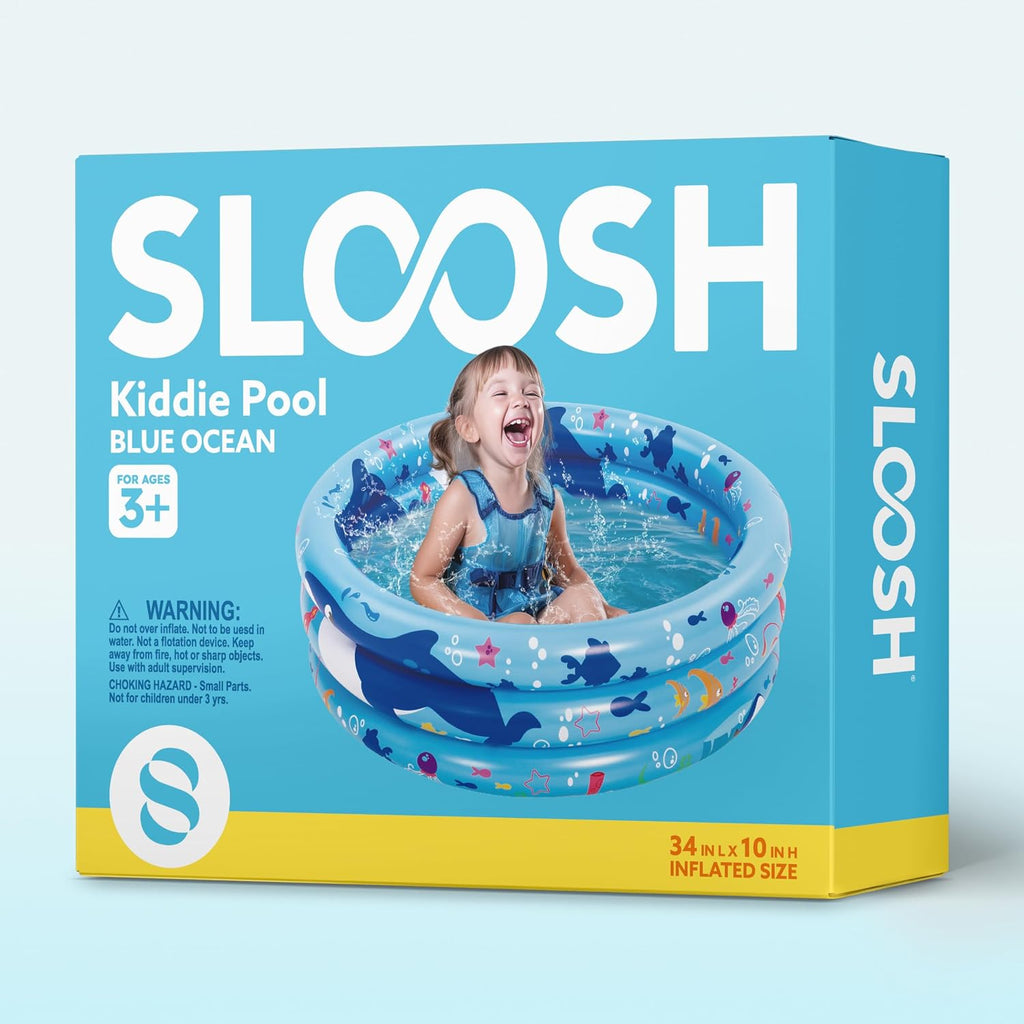Sloosh Inflatable Kiddie Pool, 34"x10" Blow Up Kid Swimming Pool, 3 Rings Blue Baby Pool for Toddler, Play Pit for Dog with Ocean Whale Pattern for Summer Water Party Backyard Garden(Whale)