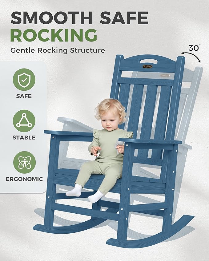 Oversized Rocking Chair Outdoor, High Back Porch Rocker Chair, HDPE All Weather Resistant Rocking Chairs for Patio, 380lbs Weight Capacity, Navy Blue