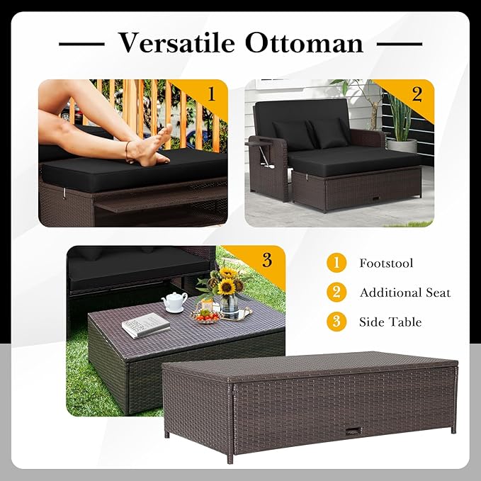 Nightcore Wicker Patio Outdoor Daybed, Outdoor Chaise Lounger w/ 4-Level Adjustable Backrest, Retractable Side Trays, Storage Ottoman, Comfortable & Removable Cushions, Rattan Loveseat (Black)