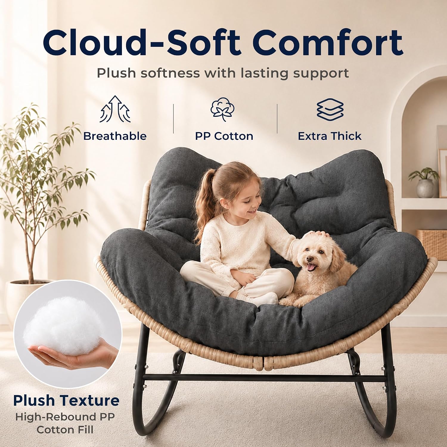 Papasan Rocking Chair, Outdoor Wicker Egg Rocker with Cushion, Grey | Comfy Oversized Reading Chair, Cozy 30°-Rock Bed with 6" Cushion, Steel Frame 450LBS Capacity for Patio Porch Lawn