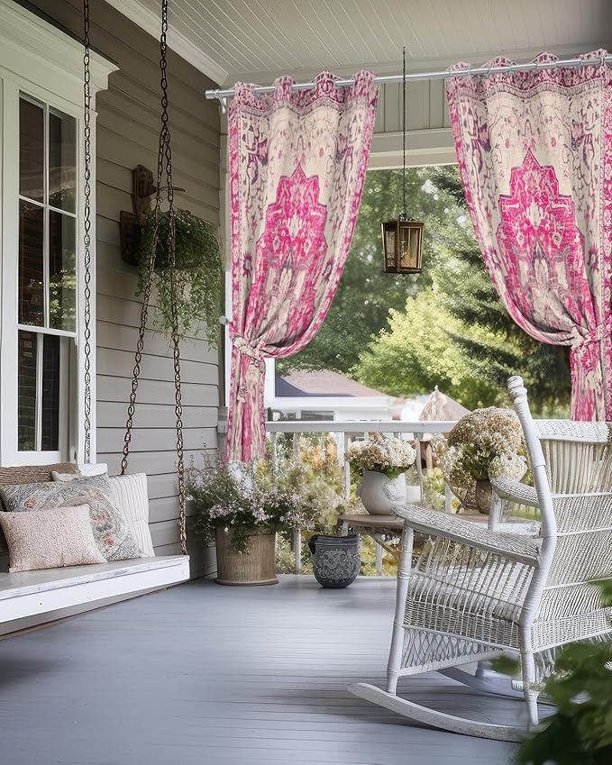 Pink Bohemian Outdoor Curtains for Patio Waterproof, Grommet Privacy Curtain Drapes Weatherproof Outside Curtains for Porch GazeboPergola Cabana 2 Panel 54x95inch Medallion Floral Geometric Printed