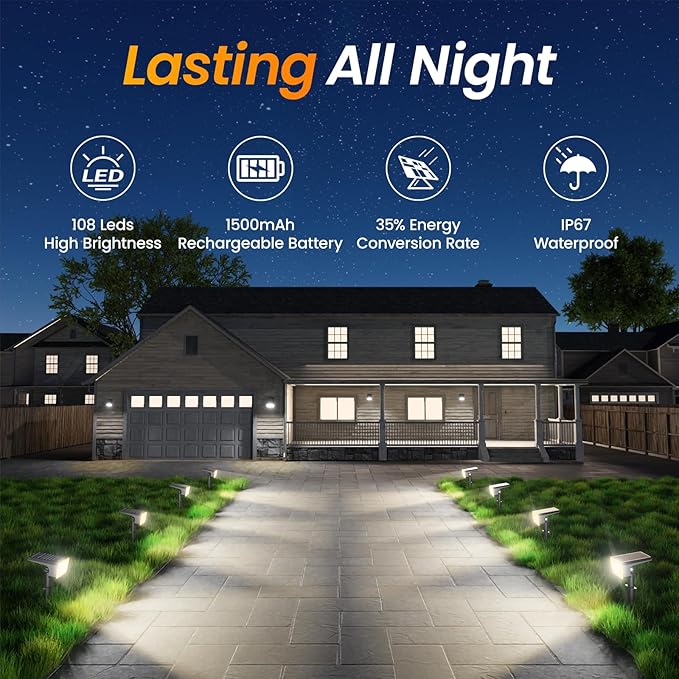 Fabrito 8 Pack Solar Spot Lights Outdoor Waterproof IP67, [108 LEDs, 4 Modes] Dusk to Dawn Spotlights with 1500mAh Battery for All Night, Landscape Lights for Tree, Yard, Pool, Pathway, Warm White