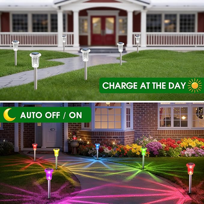 Solar Outdoor Lights, 10 Pack Solar Pathway Lights Outdoor Waterproof, Stainless Steel Stake Lighting for Garden Yard Path Walkway Driveway Patio Lawn Outside Decor,Color Changing