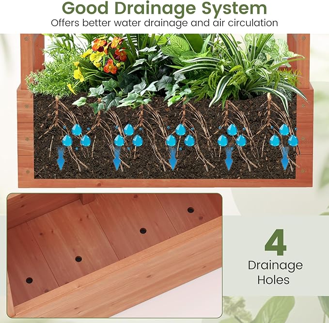 Giantex Raised Garden Bed with 2-Sided Trellis & Hanging Roof, Fir Wood Planter Box w/Drainage Holes, Freestanding Garden Planter for Flowers Herbs Climbing Vines (43"x15"x45")