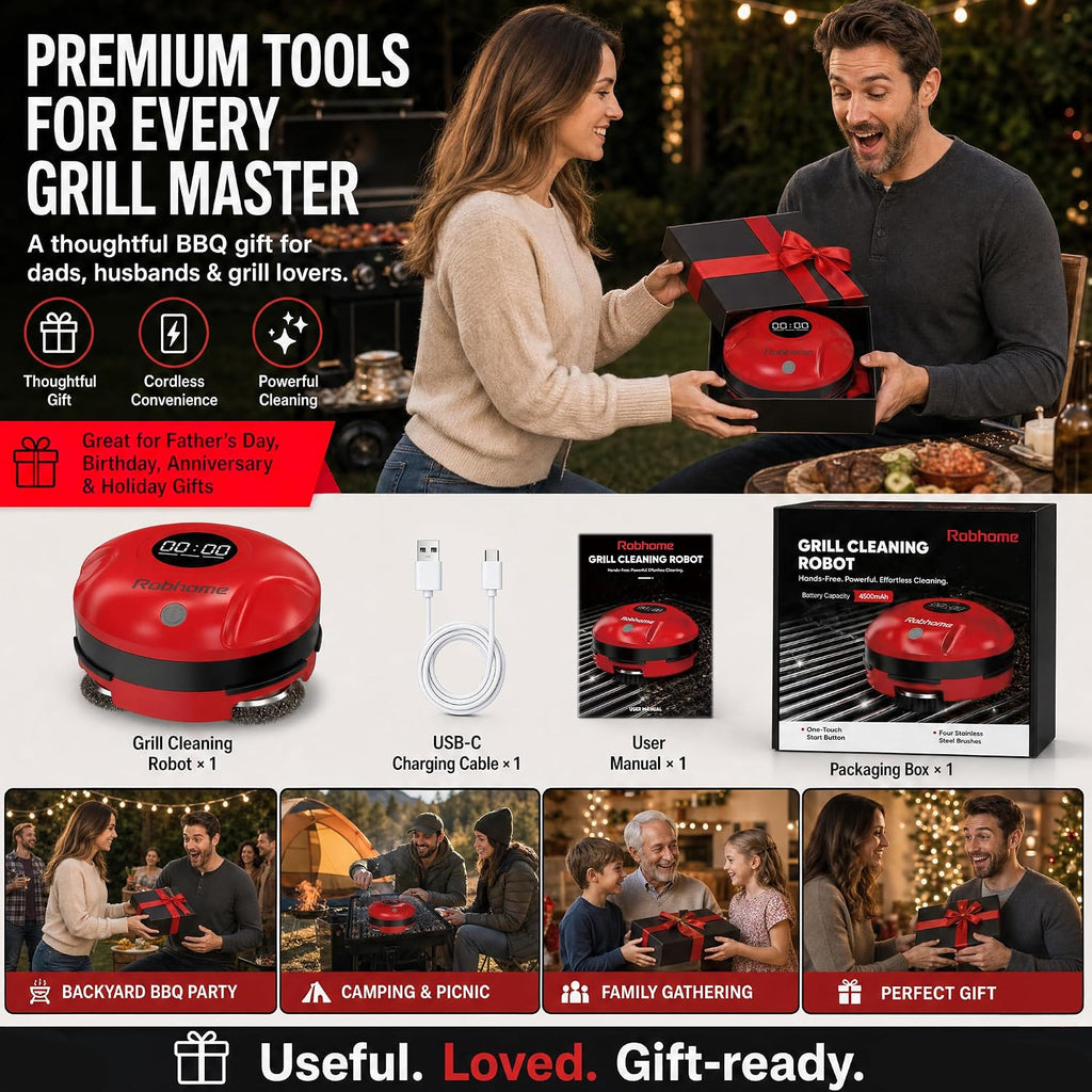 Grill Cleaning Robot, Electric Grill Brush with 4 Heads, 304 Stainless Steel Rotary Brush, Cordless Rechargeable BBQ Cleaner, 150Mins Runtime, 380 RPM, Automatic Grill Cleaner for Outdoor Grill, Red