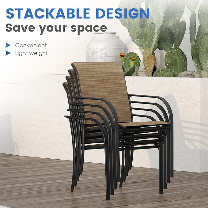 VICLLAX Large Patio Dining Furniture Set, Outdoor Dining Set for 10-60" Round Outdoor Table and Patio Stackable Chairs, Black Tabletop and Brown Fabric